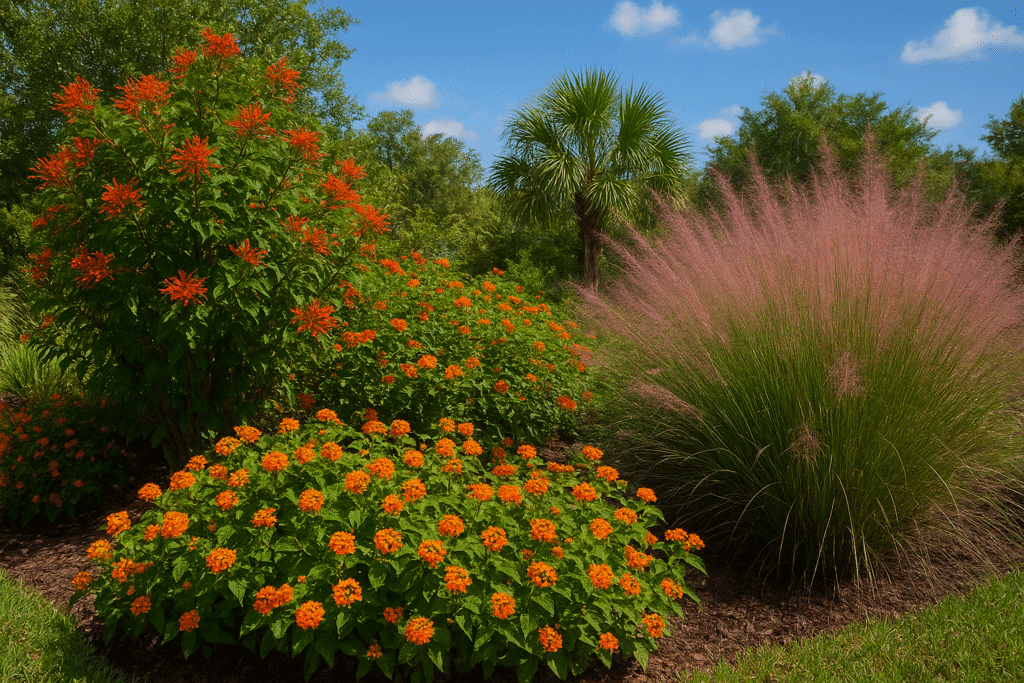 Native Florida plants for landscaping in Cape Coral featuring Firebush, Lantana, and Muhly Grass under tropical sunshine.