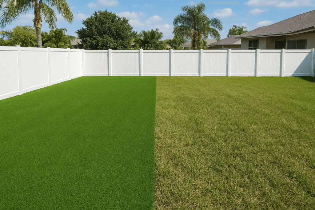 Cape Coral backyard with one section of synthetic turf and one section of natural grass for comparison.