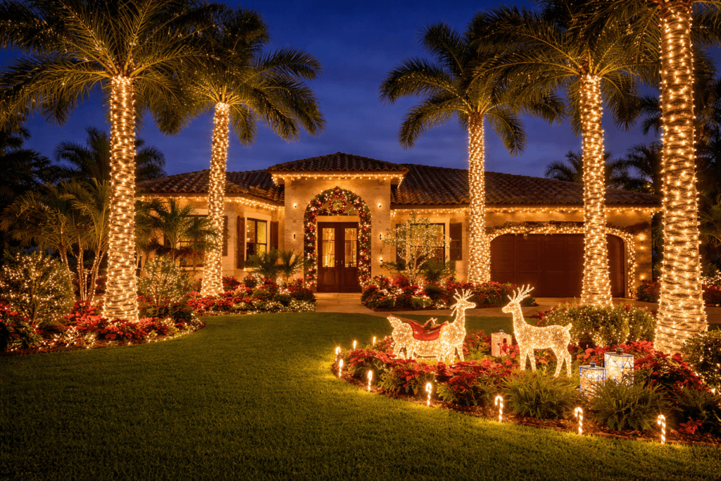 Festive Cape Coral lawn decorated for the holidays with palm trees, lights, and green grass on a warm Florida winter evening.
