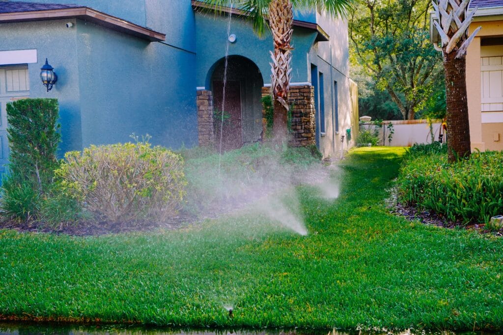 Residential lawn in Cape Coral being watered in the early morning according to city watering schedule.