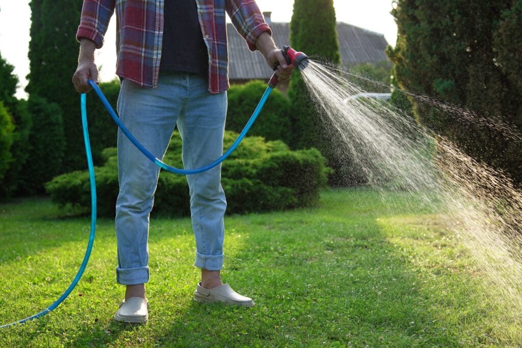 Front lawn in Cape Coral being watered by residents during proper city watering schedule.