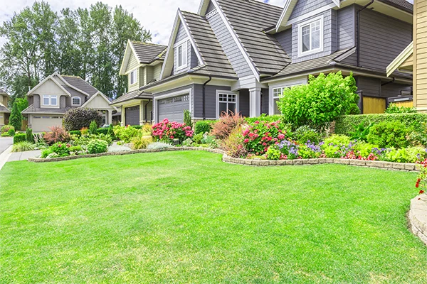 florida-property-fresh-cut-lawn Nicely trimmed and manicured garden in front of a luxury house in Cape Coral, Florida.