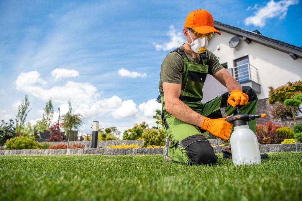 Lawn care professional applying pest control treatment to a residential lawn using a handheld sprayer.