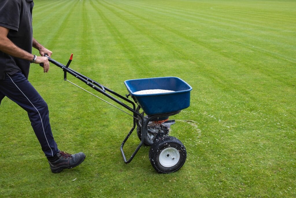 Cape Coral homeowner fertilizing a healthy Florida lawn during the growing season.
