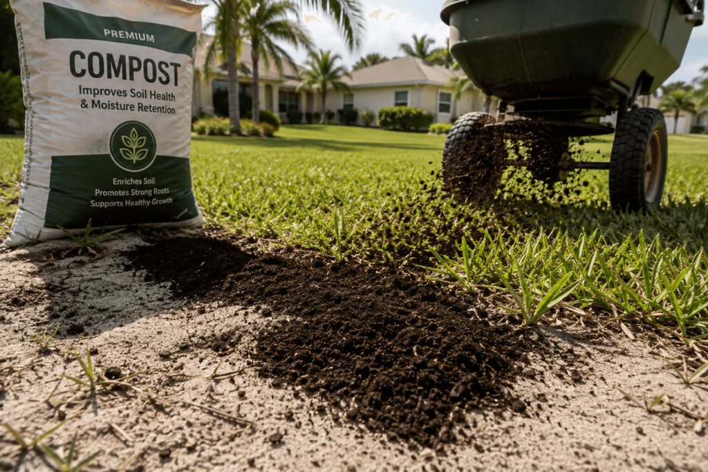 Cape Coral lawn growing in sandy soil with compost being applied to improve moisture retention and grass health.