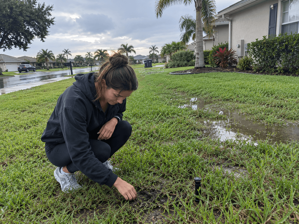 Cape Coral homeowner checking damp lawn soil near a sprinkler after fall rain.